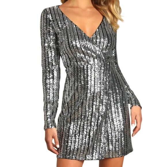 Silver Sequin Long Sleeve Mini Dress With Deep V-Neck Wrap Design & Stretch Wais - Picture 12 of 12